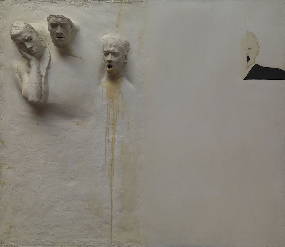 Screen for Six Men Getting Sick. Fiberglass, resin, acrylic, and graphite with masonite panel, 71 5/8 x 82 ¾ x 10 in. Collection of Rodger LaPelle and Christine McGinnis, Philadelphia, PA.