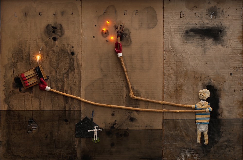 Boy Lights Fire, 2010. Mixed media on cardboard, 72 x 108 in. Courtesy of the artist. 